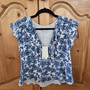 Rails Blue and White Floral Blouse with Ruffle Sleeves